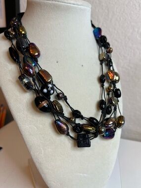 Multi strand art glass hand blown bead necklace black and dark colors